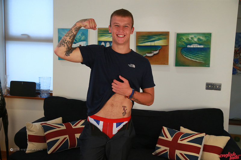 Straight guy Zack Russell shows off some of his tattoos in a photo for the Englishlads site