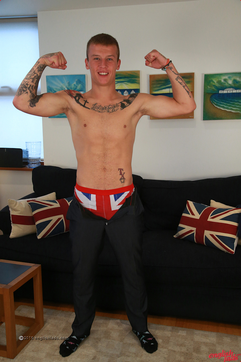 Straight guy Zack Russell shows off his body and his sex Union Jack boxer shorts