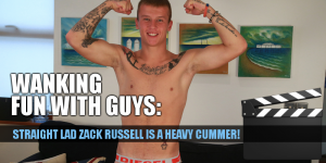 Straight guy Zack Russell wanks out a big cum load in his first solo