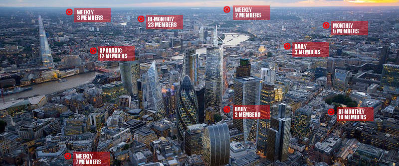 Skyline of london with male masturbation clubs indicated